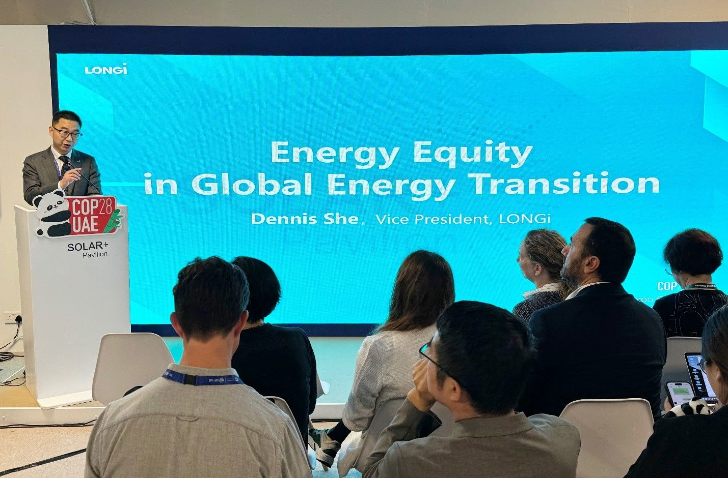 Dennis She, Vice President of LONGi, delivered a keynote speech “Solar for All” at the Solar+ Pavilion during the COP 28 conference