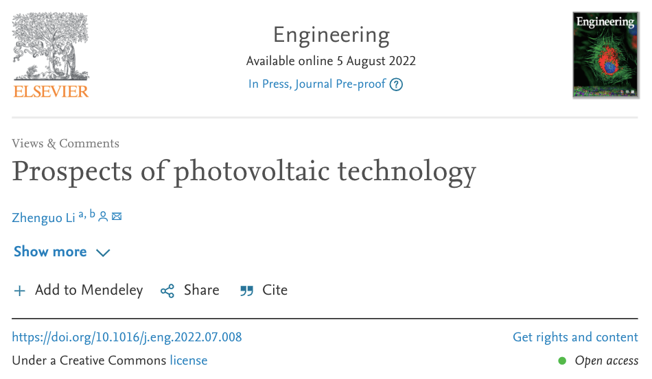 O artigo de pesquisa de Li Zhenguo intitulado “Perspectivas de Tecnologia Fotovoltaica” foi publicado em Engineering