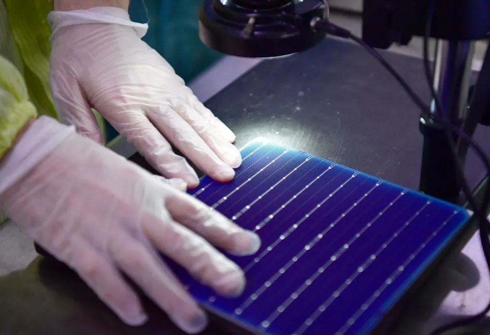 在隆基单晶硅太阳能电池工厂内，工作人员用工业放大镜检查电池片。新华社记者邵瑞 摄